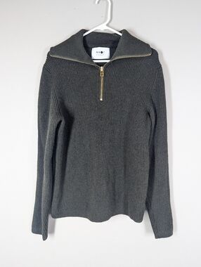 NN07 Wool Sweater L Quarter Zip Olive Green Minimalist Knit